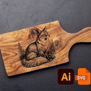 May include: Wooden cutting board with a handle, featuring a detailed engraving of a fox sitting among pine trees. The board has a natural wood grain pattern and a dark background. Includes AI and SVG file icons.