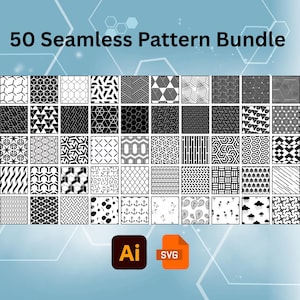 Puede incluir: Una colección de 50 patrones sin costuras en blanco y negro, dispuestos en una cuadrícula. Los patrones incluyen formas geométricas, líneas y diseños abstractos. La imagen también incluye el texto "50 Seamless Pattern Bundle" e iconos de archivos AI y SVG.