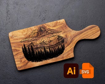 May include: Wooden cutting board with a handle, featuring a laser-etched mountain and forest scene under a cloudy sky. The board is made of light brown wood with a natural grain pattern. Includes Ai and SVG file icons.