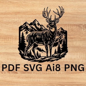 Könnte beinhalten: Schwarz-weiße Illustration eines Hirsches mit großem Geweih, vor einer Berg- und Waldkulisse. Der Text "PDF SVG Ai8 PNG" ist enthalten.