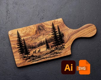 May include: Wooden cutting board with a handle, featuring a detailed laser-etched forest scene with deer and pine trees. The board has a natural wood grain and a smooth finish. The design includes mountains and trees. The board is approximately 12 inches long.