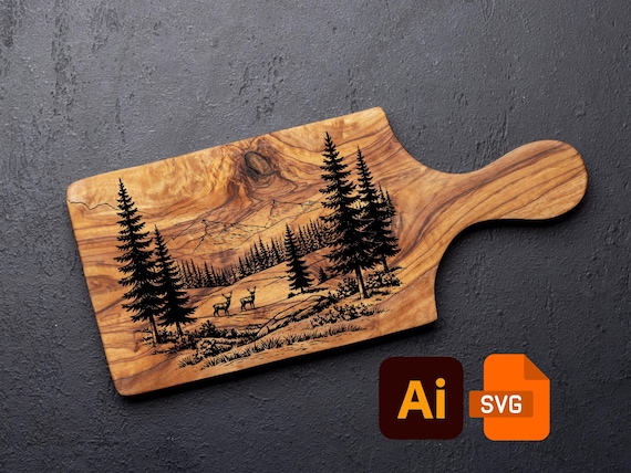 Mountain landscape engraving file | AI8 EZCad SVG vector | CO2 laser wood engraving pattern | Rustic cutting board design Forest deer scene