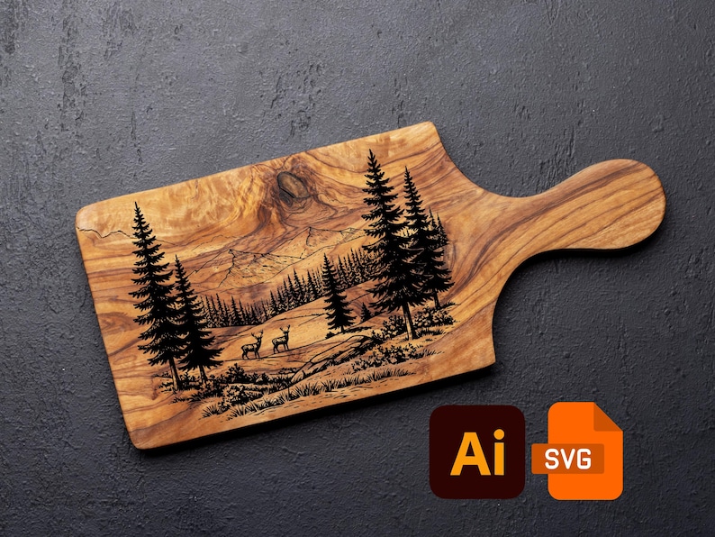 May include: Wooden chopping board with a handle, featuring a detailed laser-etched forest scene with deer and pine trees. The board has a natural wood grain and a smooth finish. The design includes mountains and trees. The board is approximately 30 cm long.