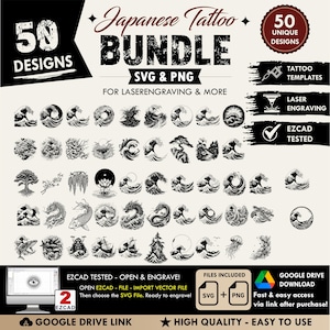 50x SVG waves japanese style pattern Tattoo Designs Bundle  - PNG Files included, svg for Laser Engraving & Tattoo Art,printing templates