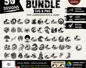 50x SVG waves japanese style pattern Tattoo Designs Bundle - PNG Files included, svg for Laser Engraving & Tattoo Art,printing templates