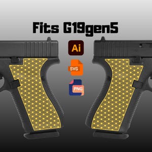 May include: Two black firearms with gold and yellow patterned grips. The text "Fits G19gen5" is above the firearms. Icons for Ai, SVG, and PNG file formats are also present.