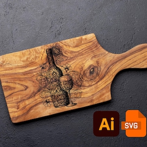 May include: Wooden cutting board with a handle, featuring an engraved design of a wine bottle and glass with floral accents. The board has a natural wood grain pattern and is set against a dark background. Includes Ai and SVG file icons.