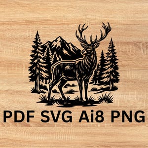 Puede incluir: Ilustración en blanco y negro de un ciervo con grandes cuernos, de pie en una escena de bosque con montañas y pinos. El texto "PDF SVG Ai8 PNG" está en la parte inferior.