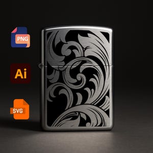 May include: A silver metal lighter with a black background. The lighter has an engraved floral design on the front. The lighter is rectangular with rounded edges and a hinged lid. The image also includes PNG, AI, and SVG file icons.
