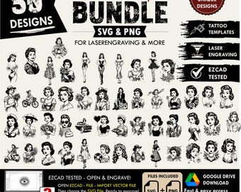 50x Retro Pin-Up Girls SVG Bundle – 50 SVG and PNG Files Included Vintage Tattoo Flash Line Art for Laser Engraving, Printing & Tattoo Art
