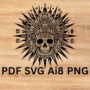 May include: Black and white graphic of a skull wearing a feathered headdress, surrounded by sharp, radiating lines. The skull has detailed facial features and is adorned with intricate patterns. The text "PDF SVG Ai8 PNG" is at the bottom.