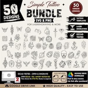 Può includere: Un pacchetto digitale di 50 disegni per tatuaggi in bianco e nero nei formati SVG e PNG, con illustrazioni di teschi, pugnali, animali e simboli mistici. L'immagine include etichette di testo per l'incisione laser e il download via Drive.