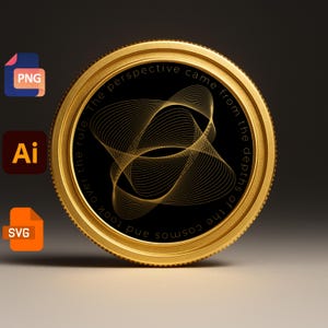 May include: A gold-colored coin with a black center featuring an abstract gold design. The coin's edge is textured, and the text "The perspective came from the depths of the cosmos and took over the rule" is inscribed around the edge. The image also includes PNG, AI, and SVG file type icons.