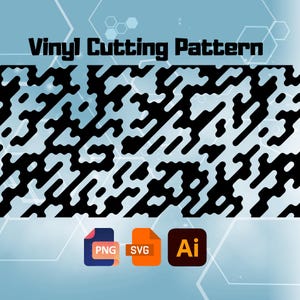 Könnte beinhalten: Ein digitales Design für den Vinylschnitt mit einem schwarz-weißen abstrakten Muster. Das Bild enthält Dateityp-Symbole für die Formate PNG, SVG und AI. Der Text "Vinyl Cutting Pattern" wird oben im Bild angezeigt.