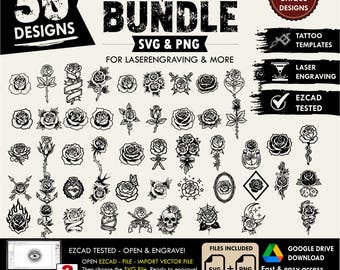 50x SVG Rose Tattoo Designs Bundle - PNG Files included, svg for Laser Engraving & Tattoo Art,printing templates for diy projects