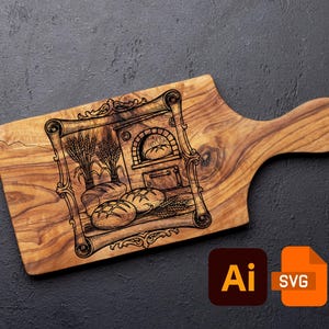 Peut inclure: Planche à découper en bois avec une poignée, ornée d'un motif gravé d'un four à pain, de pains et de blé. La planche présente un veinage naturel et est posée sur un fond sombre. Inclut les icônes de fichiers AI et SVG.