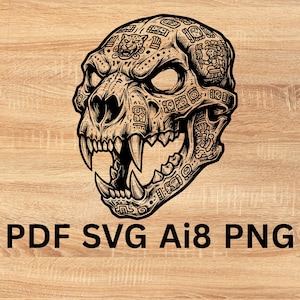 May include: A detailed black and white illustration of a skull with sharp teeth and intricate patterns. The image includes the text "PDF SVG Ai8 PNG" at the bottom, suggesting digital file formats. The skull design has an ancient, tribal aesthetic.