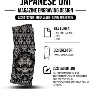 Puede incluir: Un archivo de diseño de grabado digital para cargadores PMAG con un gráfico de máscara Oni japonesa y patrones de olas tradicionales. El texto incluye JAPANESE ONI, MAGAZINE ENGRAVING DESIGN, EZCAD TESTED, FILE FORMAT, AI8, SVG, DXF y CUSTOM OUTLINE.