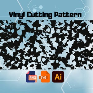 Könnte beinhalten: Digitales Vinyl-Schneidemuster-Design mit einem schwarz-weißen abstrakten Muster auf hellblauem Hintergrund. Der Text "Vinyl Cutting Pattern" wird angezeigt. Enthält PNG-, SVG- und AI-Dateiformate für die digitale Nutzung.