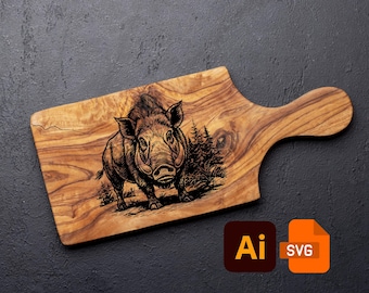 Ready for EZCad2 – Wild Boar Engraving Design PNG SVG AI8 Wood Cuttingboard File for Laser Engraving, Rustic Forest Animal Artwork