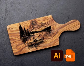 SVG Ai8 Fishing Scene Cutting Board – Vintage Lake & Mountain Engraving File for EZCAD Laser, CNC Projects, Rustic Cabin Decor and Gifts