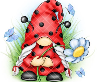 Ladybug Gnome PNG Clipart Summer Cute Gonk Birthday Butterfly Waterslide Mug Decal Tumbler Digital Watercolor Graphics Welcome Sign SVG