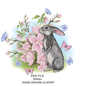 Cute Rabbit PNG Clipart Spring With Pink Flowers Graphics Design Sublimation Art Decal Tumbler Floral Easter Watercolor Digital Waterslide