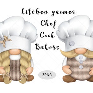 以下が含まれることがあります： シェフの格好をした2人のノーム。一人は金色の三つ編み、もう一人は口ひげを生やしている。白いコック帽、茶色と白のチェック柄のエプロン、茶色の靴を履いている。彼らの頭上に「kitchen gnomes Chef Cook Bakers 2PNG」という文字が書かれている。