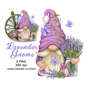 Lavender Gnome PNG Clipart Cute Gonk Waterslide Mug Mothers Day Birthday Stickers Decal Tumbler Sublimation Watercolor Tags Graphics Flowers