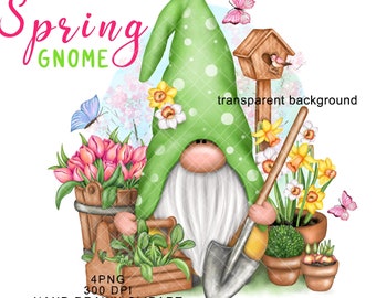 Garden Gnome PNG Spring Clipart Cute Gonk Decal Tumbler Green Sublimation Tulips Download Waterslide Bundle Graphics SVG Pink Floral