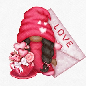 Valentine Gnome PNG Gonk Clipart Black Love Afro Girl Woman Hand Drawn Graphics Digital Valentines Day Waterslide Decal African American
