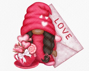 Valentine Gnome PNG Gonk Clipart Black Love Afro Girl Woman Hand Drawn Graphics Digital Valentines Day Waterslide Decal African American