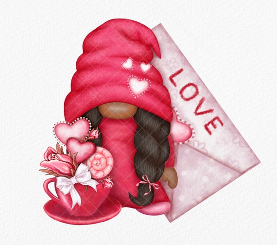 Valentine Gnome PNG Gonk Clipart Black Love Afro Girl Woman Hand Drawn Graphics Digital Valentines Day Waterslide Decal African American