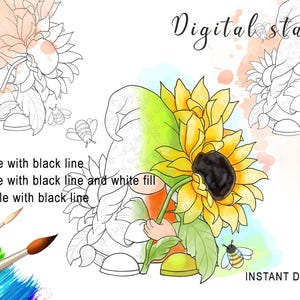 Sunflower Gnome Digital Stamp PNG Black Line Clipart Digi Stamps Pre-Coloured Card Making Printable Lineart Coloring Page Scrapbooking
