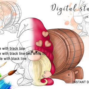 Wine Gnome  Pre-Coloured Digital Stamp PNG Black Line Cute Clipart Digi Stamps Card Making Printable Lineart Coloring Page Scrapbooking