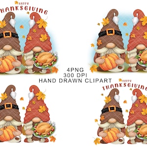 Thanksgivin Gnomes PNG Clipart Autumn Cute Characters Turkey Pumpkins Watercolor Fall Digital Instant Download Sublimate Stickers svg decal