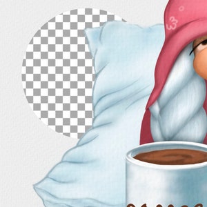 May include: A white mug with a brown liquid inside, a pink and white hat, and a white pillow. The mug has the word "Coffee" written on it.