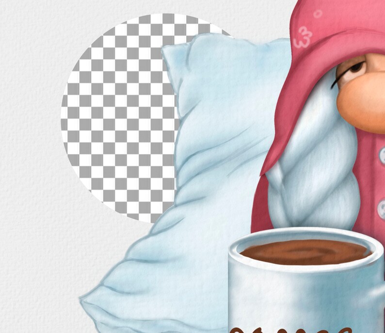 May include: A white mug with a brown liquid inside, a pink and white hat, and a white pillow. The mug has the word "Coffee" written on it.