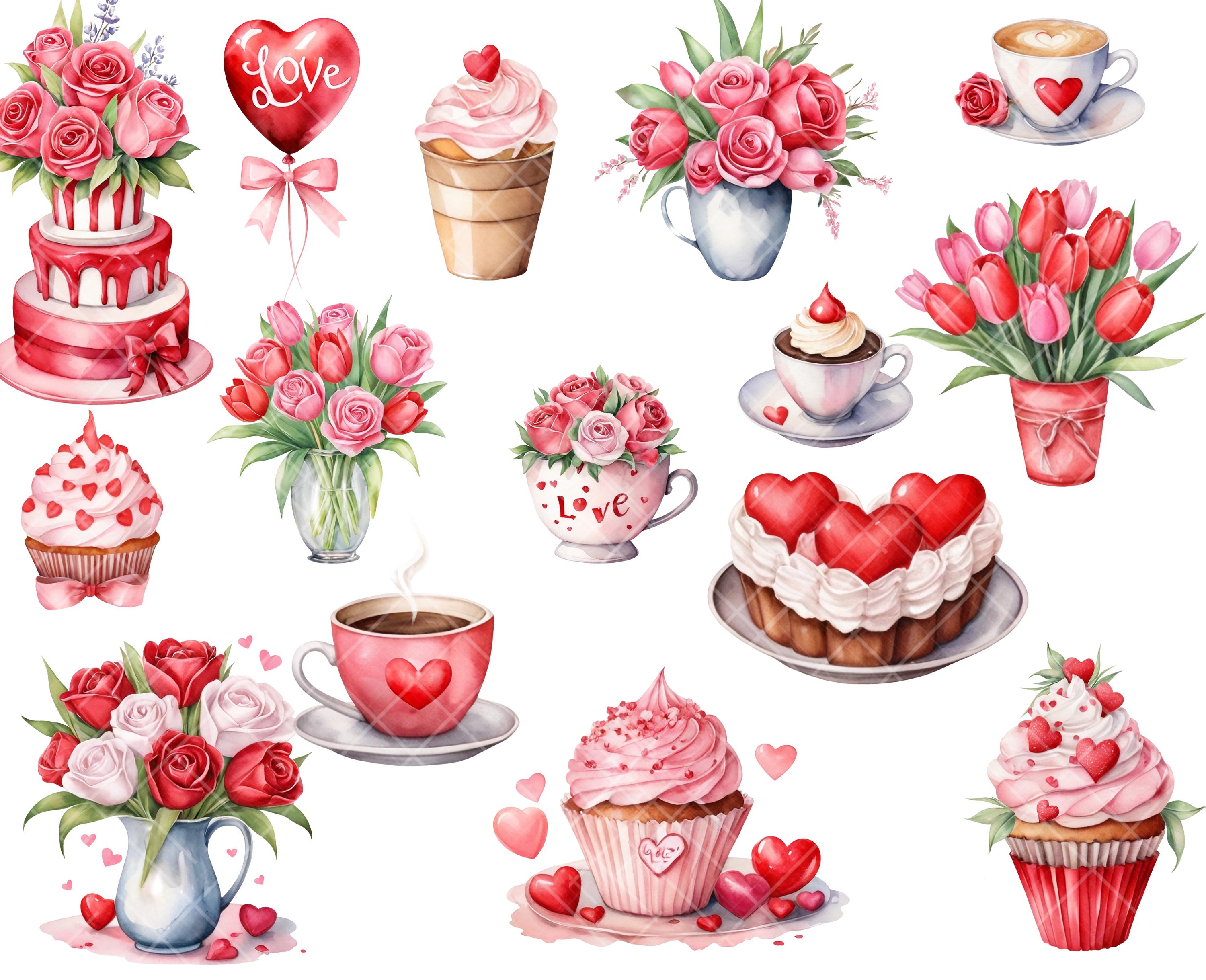 Valentines Day PNG Clipart Watercolor Sweets Cupcakes Hearts Love ...