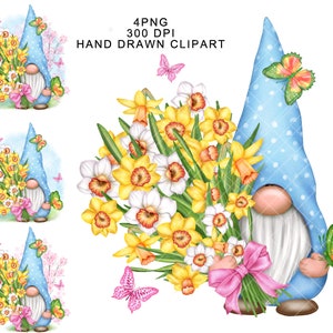 Spring Gnome PNG Daffodils Bouquet Girl Garden Clipart Cute Gonk Decal Tumbler Green Sublimation Download Waterslide Graphics Yellow Pink