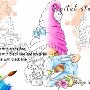 Sewing Gnome Digital Stamp PNG Black Line Clipart Digi Stamps Pre-Coloured Card Making Printable Lineart Coloring Page Scrapbooking