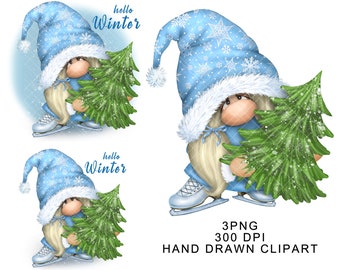 Op de afbeelding: Drie digitale illustraties van een blauwe en witte gnome die een groene kerstboom vasthoudt. De gnome draagt ​​een blauwe hoed met sneeuwvlokken en een witte bontkraag. De gnome draagt ​​schaatsen. De tekst "hello winter" is in zwart op een witte achtergrond geschreven.