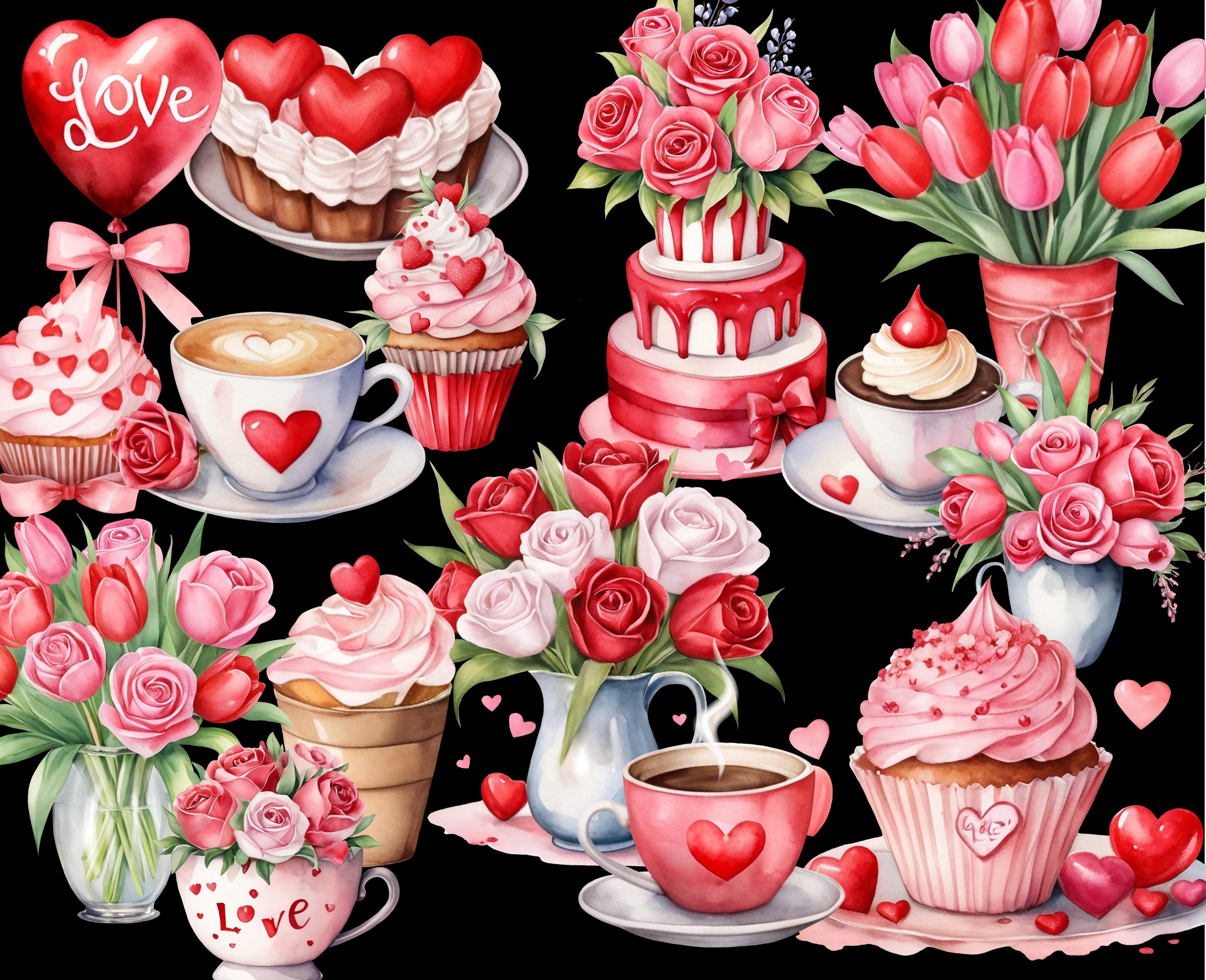 Valentines Day PNG Clipart Watercolor Sweets Cupcakes Hearts Love ...