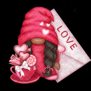 May include: A red gnome with a pink envelope that says "LOVE" on it. The gnome is holding a pink teacup with pink roses and hearts.