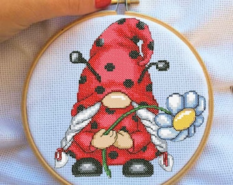 Ladybug Gnome Cross Stitch Pattern Cute Gonk Funny Gnomes Hand Embroidery Design Beginner Needlepoint Scheme Funky Digital pdf DIY Summer