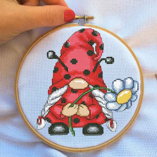 Ladybug Gnome Cross Stitch Pattern Cute Gonk Funny Gnomes Hand Embroidery Design Beginner Needlepoint Scheme Funky Digital pdf DIY Summer 