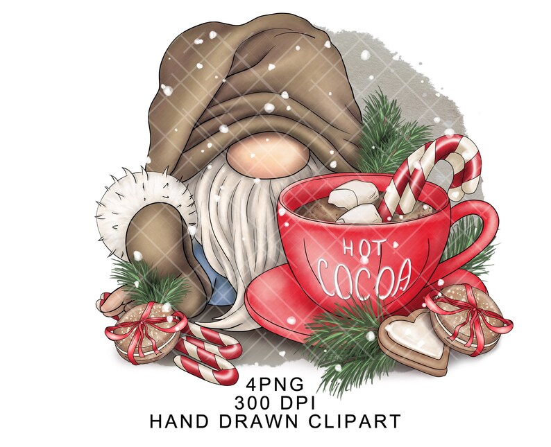 May include: A red and white gnome with a brown hat and a white beard is holding a red mug with the words "Hot Cocoa" on it. The mug is filled with hot chocolate and marshmallows. There are also candy canes and gingerbread cookies in the image.