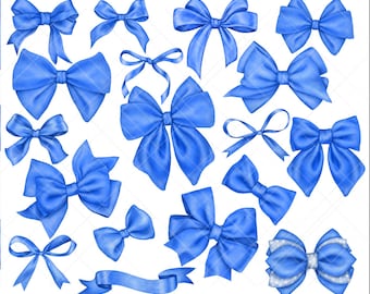 Watercolor Blue Ribbon Bows PNG Clipart Graphics Handpainted Planner Stickers Invitations Gift bow Printable Birthday Digital commercial use