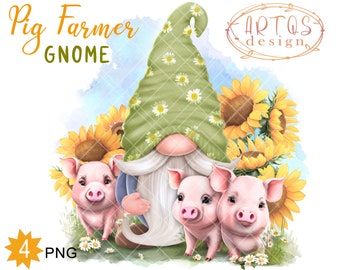 Pig Farmer Gnome PNG Clipart Cute Gonk Sunflower Sublimation Graphics Summer Tumbler Decal Mug Waterslide Flowers Digital Welcome Farm