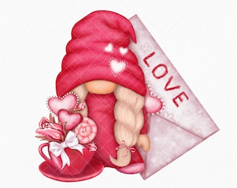 Valentine Gnome PNG Gonk Clipart Love Cute Hand Drawn Graphics Digital Valentines Day Sublimate Waterslide Heart Decal Sublimation Digital